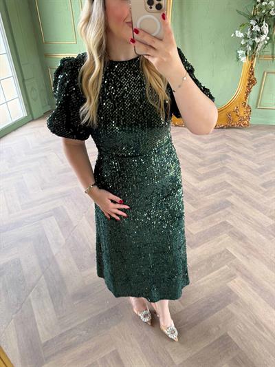 Sandra Payet Balon Kol Midi Tasarım Payet Elbise Zümrüt