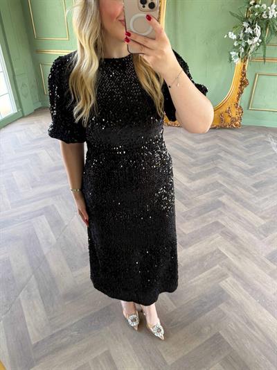 Sandra Payet Balon Kol Midi Tasarım Payet Elbise Siyah