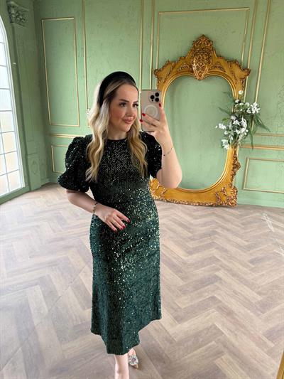 Sandra Payet Balon Kol Midi Tasarım Payet Elbise Zümrüt