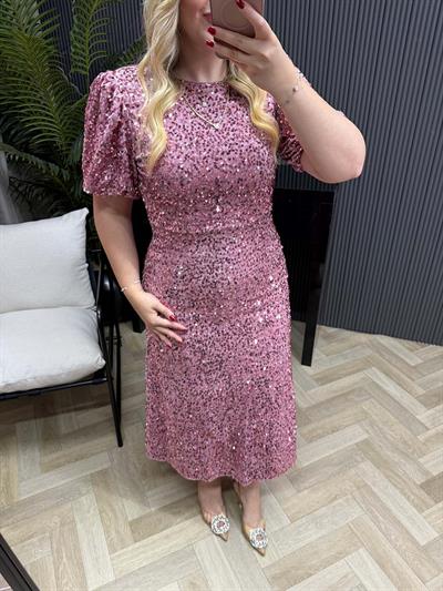 Sandra Payet Balon Kol Midi Tasarım Payet Elbise Pudra Pembe