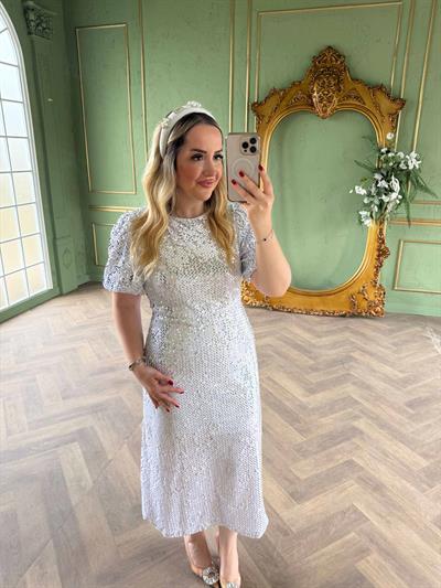 Sandra Payet Balon Kol Midi Tasarım Payet Elbise Beyaz