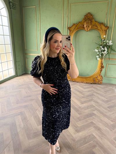 Sandra Payet Balon Kol Midi Tasarım Payet Elbise Lacivert