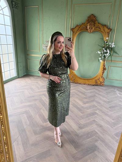 Sandra Payet Balon Kol Midi Tasarım Payet Elbise Haki