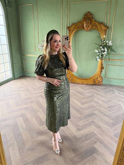 Sandra Payet Balon Kol Midi Tasarım Payet Elbise Haki