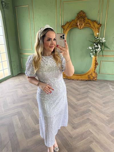 Sandra Payet Balon Kol Midi Tasarım Payet Elbise Beyaz