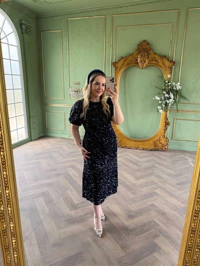 Sandra Payet Balon Kol Midi Tasarım Payet Elbise Lacivert