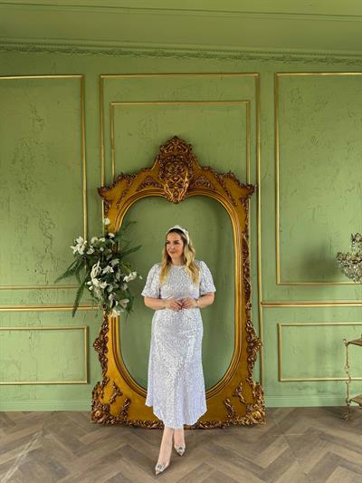 Sandra Payet Balon Kol Midi Tasarım Payet Elbise Beyaz