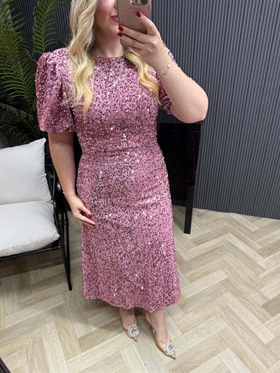 Sandra Payet Balon Kol Midi Tasarım Payet Elbise Pudra Pembe