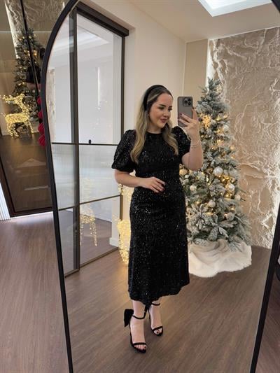 Sandra Payet Balon Kol Midi Tasarım Payet Elbise Siyah