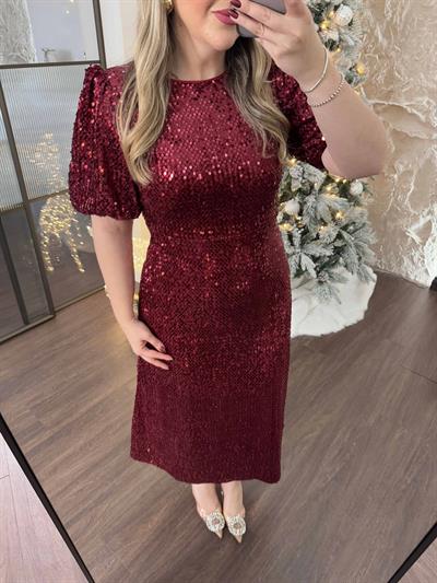 Sandra Payet Balon Kol Midi Tasarım Payet Elbise Bordo