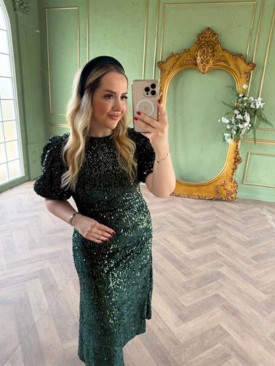 Sandra Payet Balon Kol Midi Tasarım Payet Elbise Zümrüt