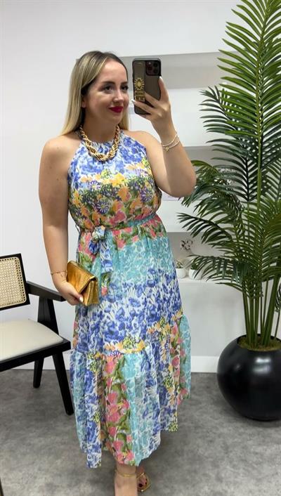 Sara Halter Yaka Mavi Çiçekli Şifon Elbise