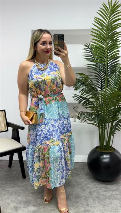 Sara Halter Yaka Mavi Çiçekli Şifon Elbise