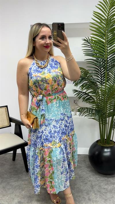 Sara Halter Yaka Mavi Çiçekli Şifon Elbise