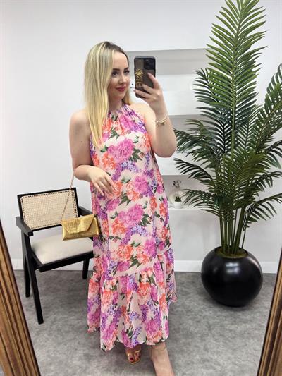 Sara Halter Yaka Pembe Çiçekli Şifon Elbise