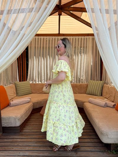 Sarı Çiçekli Gipeli Pamuk Viskon Elbise