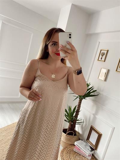 Saten Desenli Elbise Nude Renk