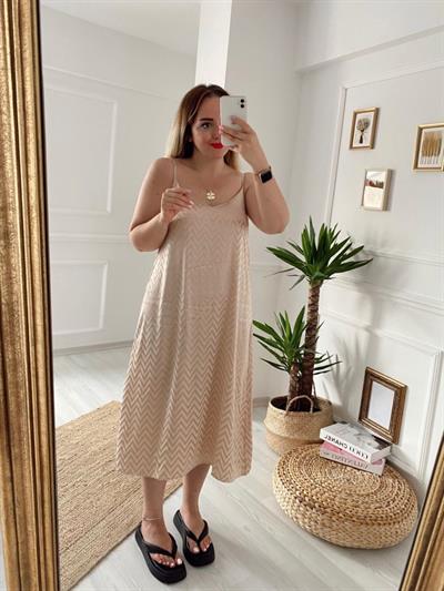 Saten Desenli Elbise Nude Renk