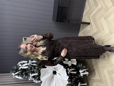 Scarlet Vatkalı Dantel Detaylı Tasarım Elbise Kahve