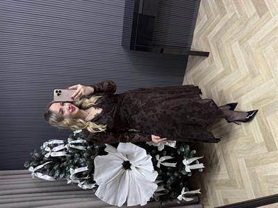 Scarlet Vatkalı Dantel Detaylı Tasarım Elbise Kahve