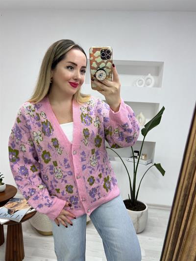 Şeker Pembe Taş Düğmeli Hirka