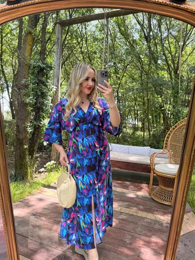 Serena Mavi Çiçekli Beli Lastıklı Elbise