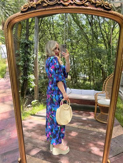 Serena Mavi Çiçekli Beli Lastıklı Elbise