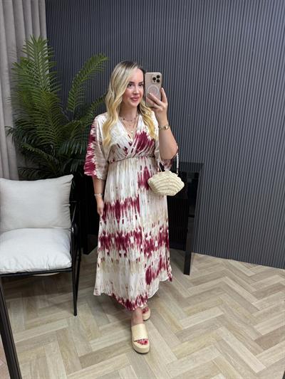 Serena Model Bordo Bulut Desen Elbise
