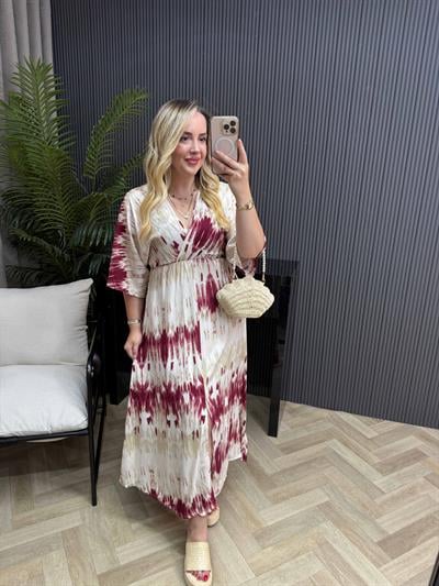 Serena Model Bordo Bulut Desen Elbise