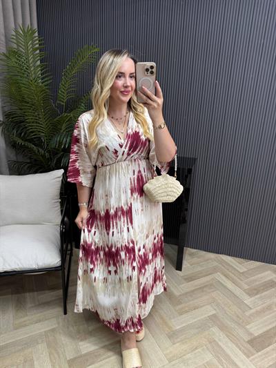 Serena Model Bordo Bulut Desen Elbise