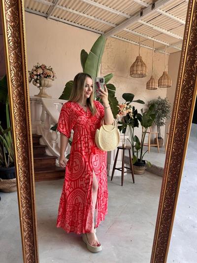 Serena Model Etnik Desenli Pembe Elbise