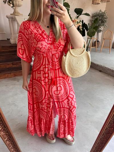 Serena Model Etnik Desenli Pembe Elbise