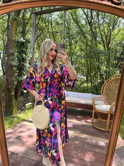 Serena Mor Çiçekli Beli Lastıklı Elbise