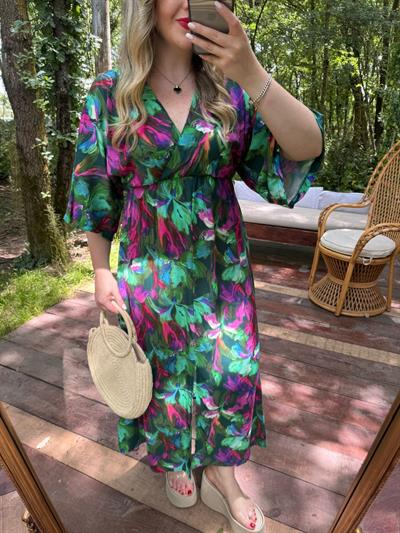 Serena Yeşil Çiçekli Beli Lastıklı Elbise