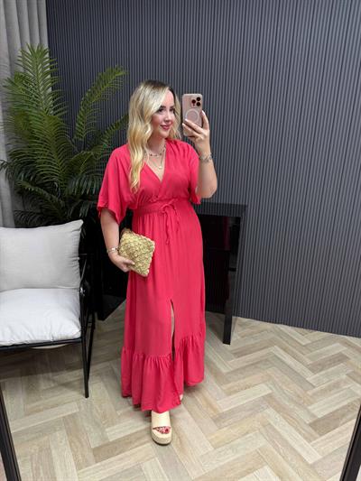 Serena Yırtmaçlı Beli Lastikli Düz Elbise Fuşya