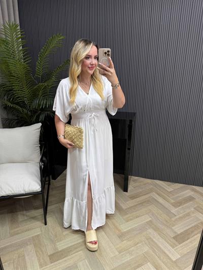 Serena Yırtmaçlı Beli Lastikli Düz Elbise Beyaz