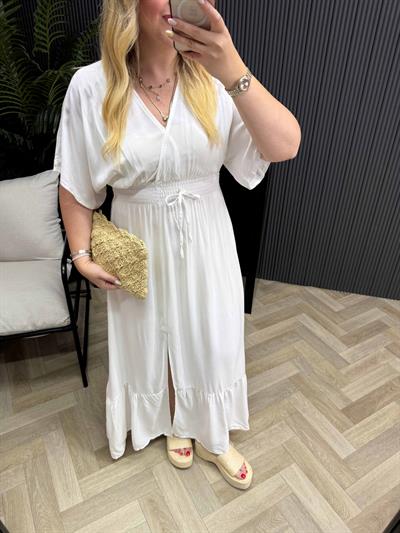 Serena Yırtmaçlı Beli Lastikli Düz Elbise Beyaz