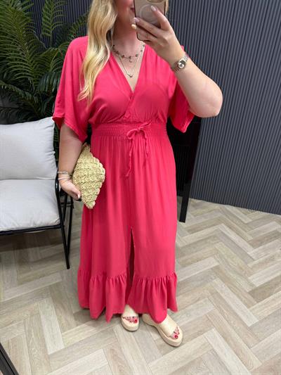 Serena Yırtmaçlı Beli Lastikli Düz Elbise Fuşya