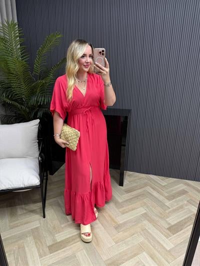 Serena Yırtmaçlı Beli Lastikli Düz Elbise Fuşya