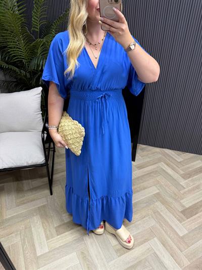 Serena Yırtmaçlı Beli Lastikli Düz Elbise Saks Mavi