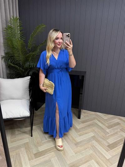 Serena Yırtmaçlı Beli Lastikli Düz Elbise Saks Mavi