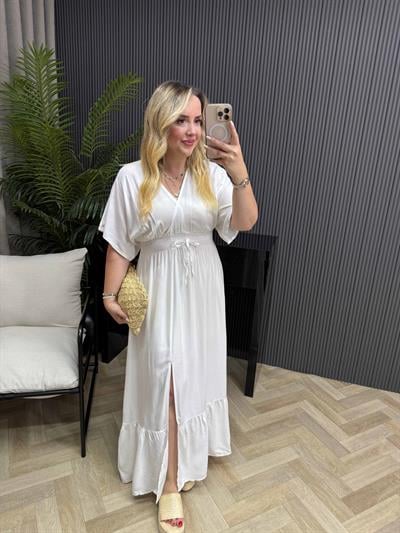 Serena Yırtmaçlı Beli Lastikli Düz Elbise Beyaz