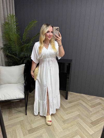 Serena Yırtmaçlı Beli Lastikli Düz Elbise Beyaz