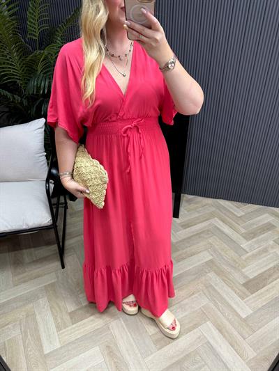 Serena Yırtmaçlı Beli Lastikli Düz Elbise Fuşya