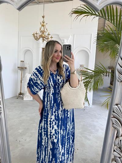 Serena Yırtmaçsiz Maxi Boy Mavi Desenli Elbise