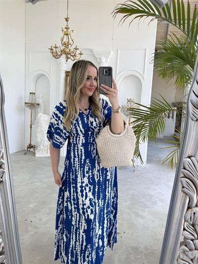 Serena Yırtmaçsiz Maxi Boy Mavi Desenli Elbise