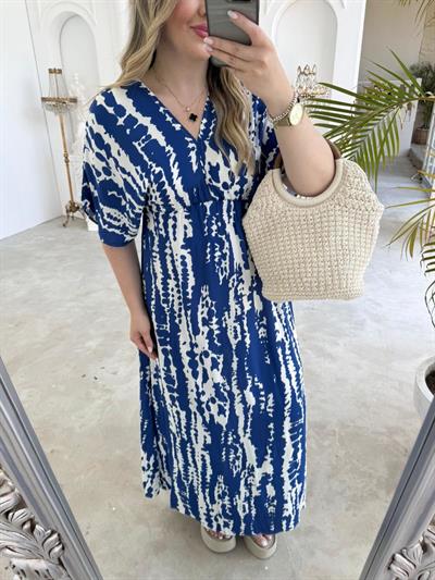 Serena Yırtmaçsiz Maxi Boy Mavi Desenli Elbise