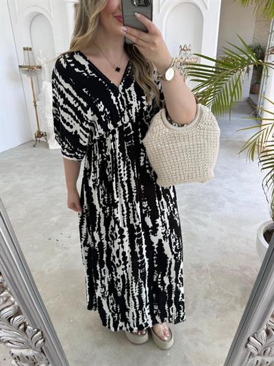 Serena Yırtmaçsiz Maxi Boy Siyah Desenli Elbise