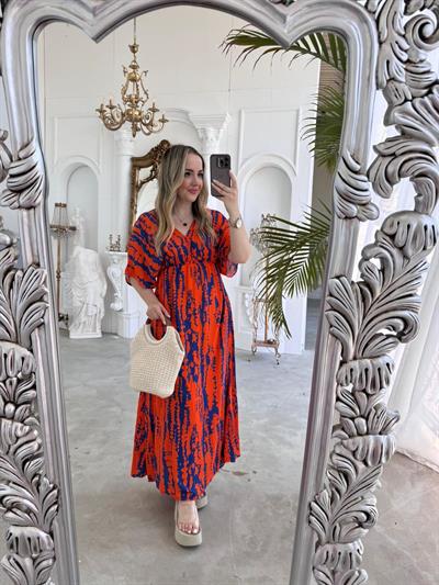 Serena Yırtmaçsiz Maxi Boy Turuncu-Mavi Desenli Elbise