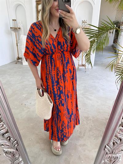 Serena Yırtmaçsiz Maxi Boy Turuncu-Mavi Desenli Elbise